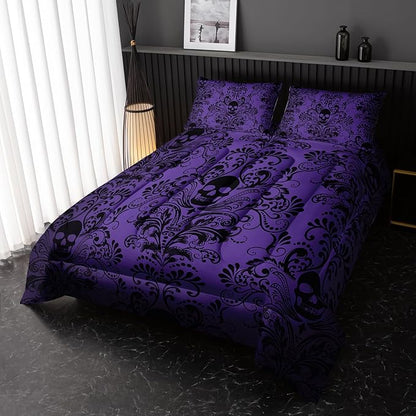 Adults Violet Gothic Comforter Set Twin Size,Vintage Damask Floral Bedding Set 3Pcs,Bohemia Bedding Set Goth Skull Printed Quilted Set for Teens Adult with 1 Comforter with 2 Pillowcase