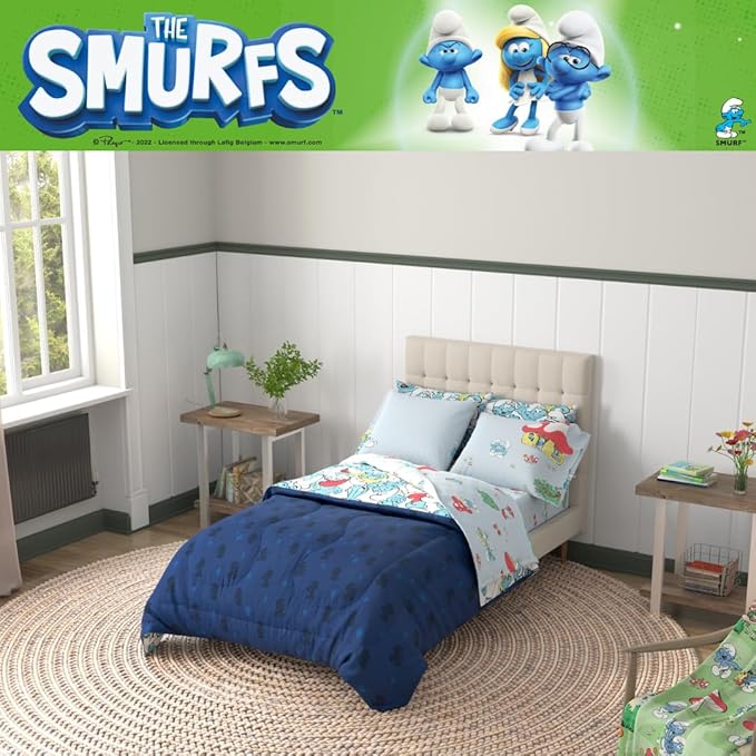 The Smurfs Kids Bedding Super Soft & Cozy Reverisble Microfiber Comforter and Sheet Set with Sham, 5 Piece Twin Size, (Officially Licensed Product) by Franco