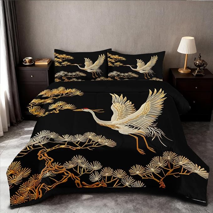 Japanese Style Comforter Set Full Size Black Gold Pine and Crane Bedding Set 3D Vintage Chinoiserie Printing Bedding White Golden Bird Tree Comforter Ultra Soft Lightweight Microfiber