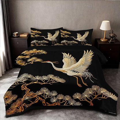 Japanese Style Comforter Set Full Size Black Gold Pine and Crane Bedding Set 3D Vintage Chinoiserie Printing Bedding White Golden Bird Tree Comforter Ultra Soft Lightweight Microfiber