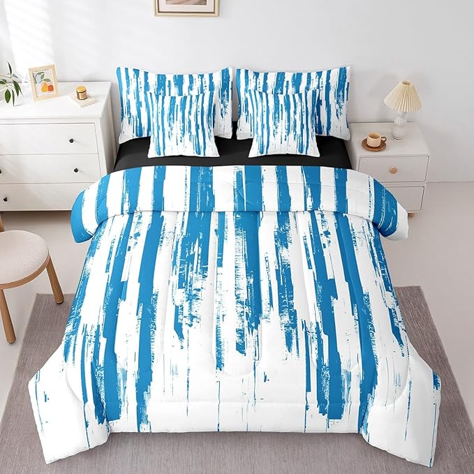 Erosebridal 7Pcs Sky Blue Boho Comforter Set Queen,Abstract Art Aesthetic Striped Bed in A Bag for Kids Teens Adults,Ink Painting Graffiti Watercolor Gradient Ombre Modern Bedding with Bed Sheets