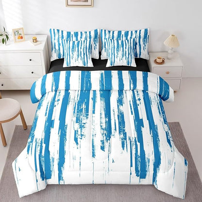 Erosebridal 7Pcs Sky Blue Boho Comforter Set Twin,Abstract Art Aesthetic Striped Bed in A Bag for Kids Teens Adults,Ink Painting Graffiti Watercolor Gradient Ombre Modern Bedding with Bed Sheets