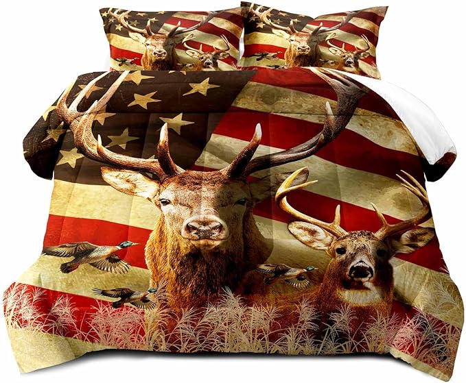 LUVIVIHOME 2PCS Deer Comforter Set Twin Size, Camo Bedding, 4th of July American Flag Mallard Duck Forest Animal Wildlife Hunting Hunter Country Rustic Farmhouse Cabin Bedroom Decor, 1 Pillow Sham