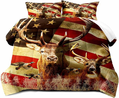 LUVIVIHOME 2PCS Deer Comforter Set Twin Size, Camo Bedding, 4th of July American Flag Mallard Duck Forest Animal Wildlife Hunting Hunter Country Rustic Farmhouse Cabin Bedroom Decor, 1 Pillow Sham