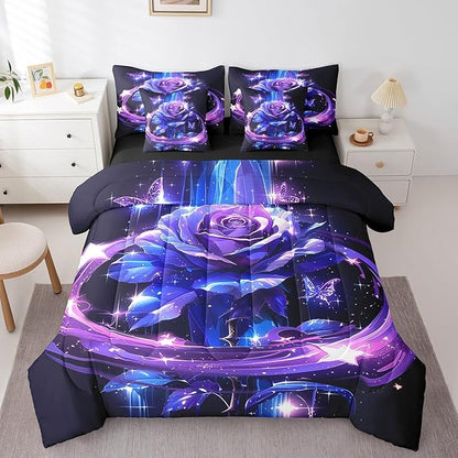 Erosebridal Purple Blue Rose King Bed in a Bag 7 Piece,Romantic Flower Rose Comforter Set with Sheets,Trippy Butterfly Floral Bedding Set Wedding Valentines Day Gifts for Women Girls Girlfriend