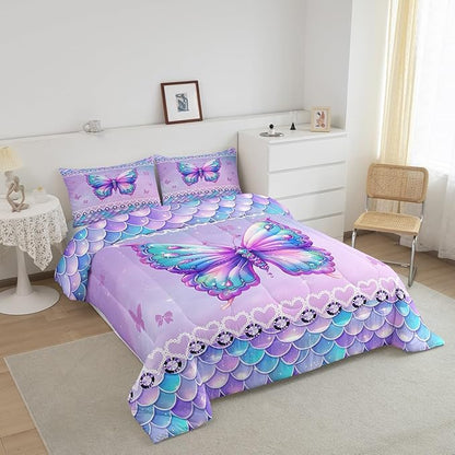 Erosebridal Butterfly Toddler Size Bedding Set 2 Piece, Mermaid Scales Down Comforter for Kids Girls Women Room, Kawaii Love Heart Comforter Set, Dreamy Princess Maeine Life Quilt, Purple Blue