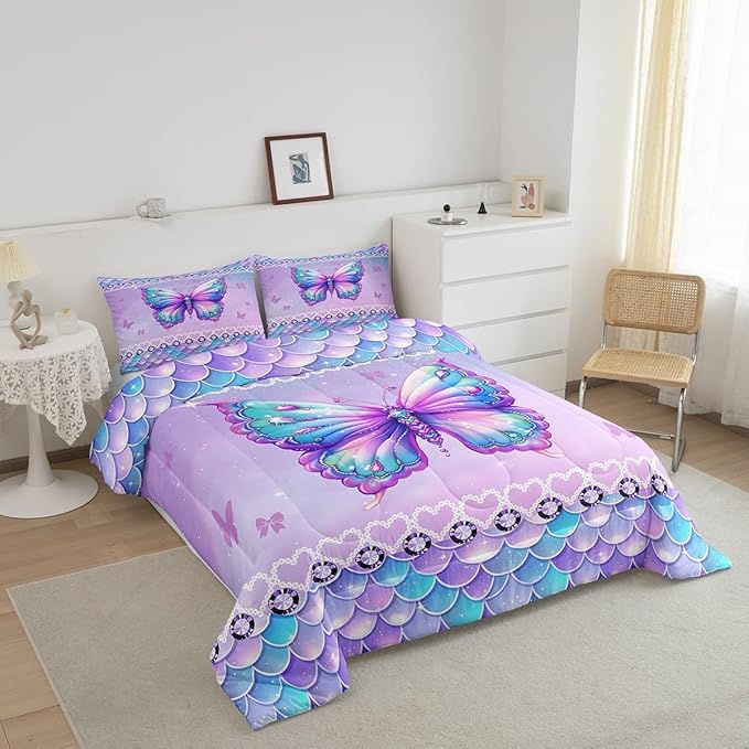 Erosebridal Butterfly King Size Bedding Set 3 Piece, Mermaid Scales Down Comforter for Kids Girls Women Room, Kawaii Love Heart Comforter Set, Dreamy Princess Maeine Life Quilt, Purple Blue