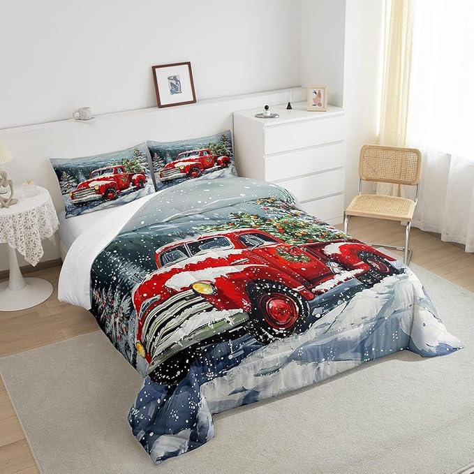 Red Christmas Truck Comforter Set Full Size,Winter Snow View Bedding Set 3pcs for Kids Boys Girls Adults Room Decor,Happy New Year Themed Quilt Set Xmas Pine Duvet Insert,2 Pillowcases