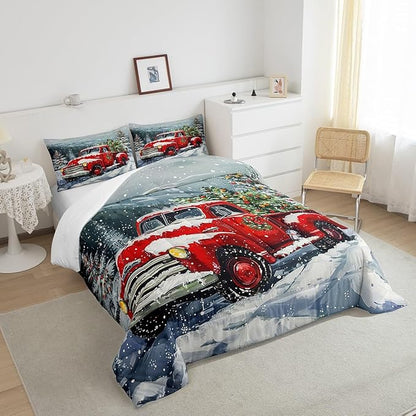 Red Christmas Truck Comforter Set Full Size,Winter Snow View Bedding Set 3pcs for Kids Boys Girls Adults Room Decor,Happy New Year Themed Quilt Set Xmas Pine Duvet Insert,2 Pillowcases