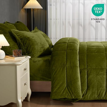 PHF Double-Sided Velvet Comforter Set Queen Size, 5 Piece Soft Luxury Winter Warm Bedding Sets, Modern Bed in A Bag Including 1 Cozy Comforter, 2 Pillow Shams, 2 Euro Shams for Home Decor, Olive Green