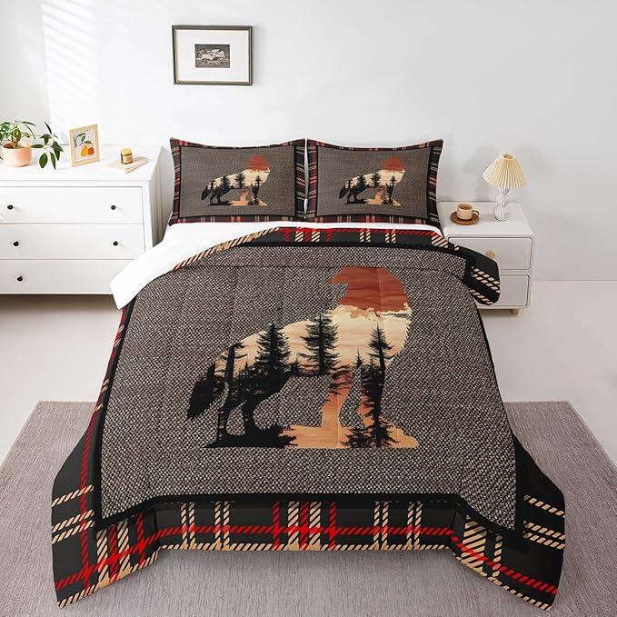 Erosebridal Wolf Bedding Set Twin Size,Howling Wolves Comforter Set for Kids Boys Girls Teens,Rustic Farmhouse Cabin Down Comforter,Safari Animals Print Duvet Insert with 1 Pillow Case,Orange Gray