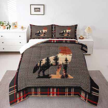 Erosebridal Wolf Bedding Set Twin Size,Howling Wolves Comforter Set for Kids Boys Girls Teens,Rustic Farmhouse Cabin Down Comforter,Safari Animals Print Duvet Insert with 1 Pillow Case,Orange Gray