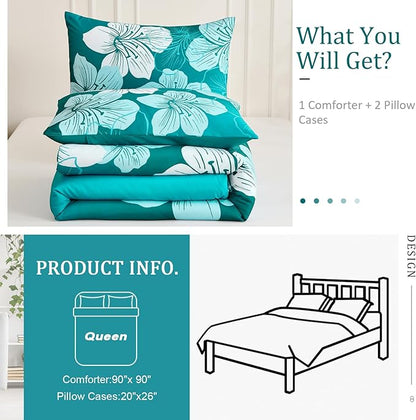 Menghomeus Queen Comforter Set Gradient Teal Bedding Floral Comforter Sets - Soft Microfiber Bed Comforter Set for All Season, 3 Piece Botanical Flowers Comforter, Pillowcases