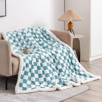 LOMAO Sherpa Throw Blanket Fleece Blanket with Checkered Pattern Soft Thick Blanket for Couch, Bed, Sofa Luxurious Warm and Cozy for All Seasons (Light Blue, 60"x80")