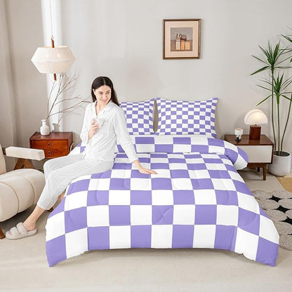 Feelyou Checkered Retro Comforter Set King Size Purple Plaid Bedding Set for Kids Boys Girls Geometric Vintage Duvet Quilt Modern Simple Groovy Aesthetic Bedroom Decor 3 Pcs with 2 Pillow Cases