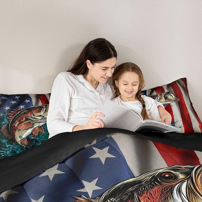 American Flag Bass Fishing Comforter Set Boys Vintage USA Flag Grunge Stripes Bedding Set Big Pike Fish Hunting and Fishing Farmhouse Decor Duvet Insert Fishing Lover Hunting Quilt King Size