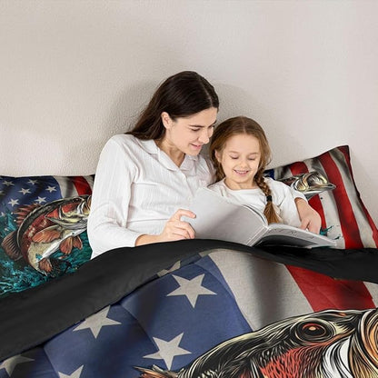 American Flag Bass Fishing Twin Bedding Set for Boys Girls - Fisherman Comforter USA Flag Duvet Insert Big Pike Fish Lures Hook Hunting Decor Quilt Farmhouse Decor