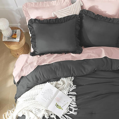 Andency Oversized King Comforter Set 120x98, 3 Pieces Ruffle Shabby Chic Famhouse Bedding Set, All Season Lightweight Fluffy Bed Set for Girls Women, Dark Gray