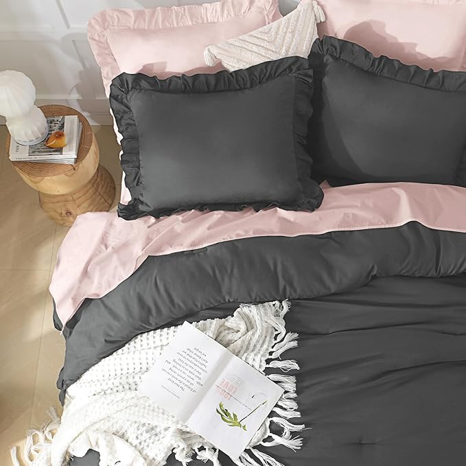 Andency Dark Gray Twin Size Comforter, 2 Pieces Kids All Season Ruffle Bed Comforter Set, Boho Lightweight Solid Farmhouse Shabby Chic Bedding Comforters & Sets (66x90Inch Comforter)