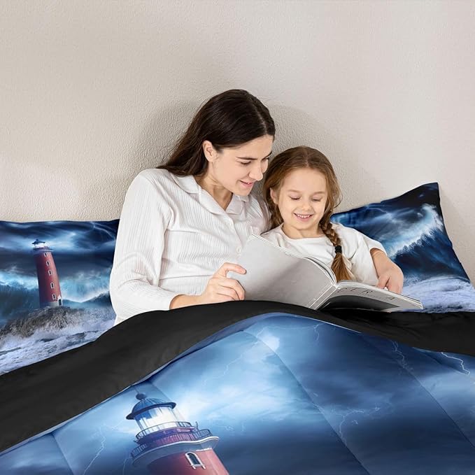 Erosebridal Lighthouse Comforter Set Queen Nautical Duvet Set Surfing Ocean Wave Quilt Set Coastal Nature Theme Quilted Duvet for Kids Boys Girls Teens Bedroom Living Room Decorative, Blue