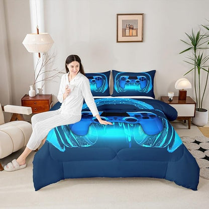 Gamer Comforter Set Full Size,Blue Headphones Musical Design Games Gamepad Bedding Set for Kids Boys Video Game Room Decor Retro Playing Gamer Down Comforter Gaming Controller Quilted Duvet Set