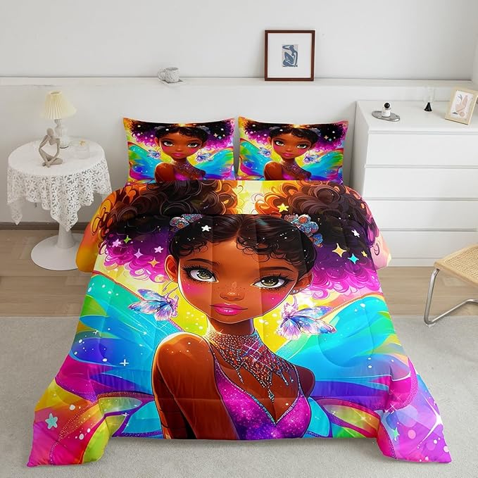 Erosebridal Black Girls Bedding Set Afro Girl Twin Comforter Set for Girls,American African Princess Magical Quilt for Toddler Kids Teenager,Dreamy Butterfly Cute Room Decor Aesthetic