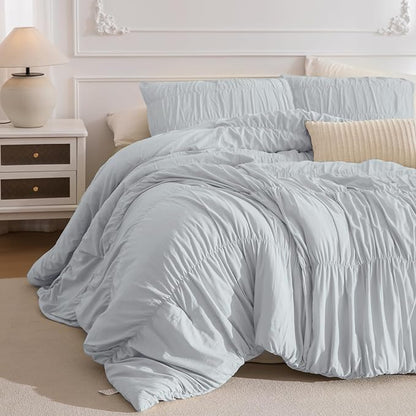 Masaca Comforter Set for Queen Bed(90"x95"),3 Pieces Shabby Boho Chic Queen Bedding Set Ultra Soft Lightweight Ruched Ruffle Comforter（1 Light Blue Comforter+2 Pillowcases）