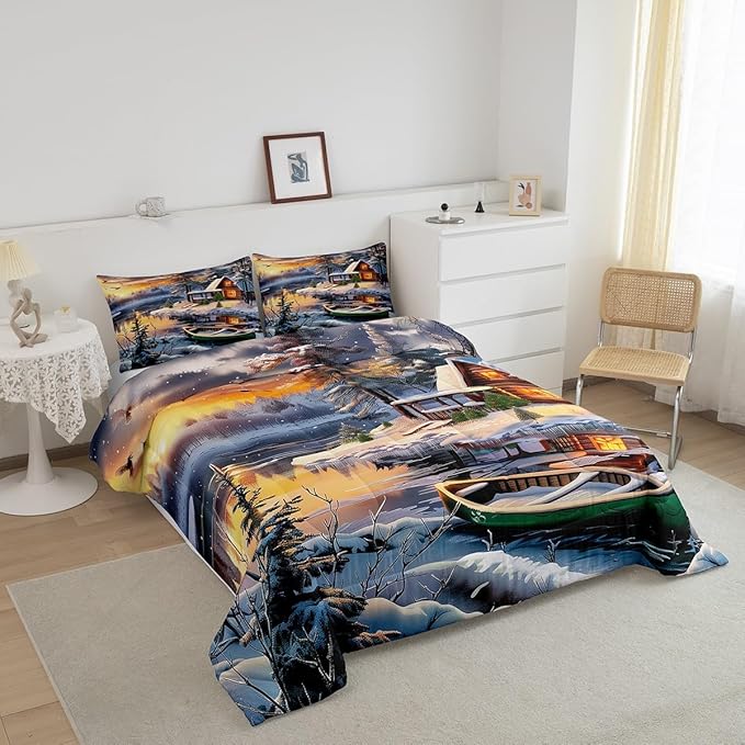 Winter Wood Cabin Bedding Set Queen Size,Lake Boat and Mountain Scenery Comforter Set for Kids Teens Adult Room Decor,Snowflake Pine Tree Quilt Set Happy New Year Duvet Insert,2 Pillowcases