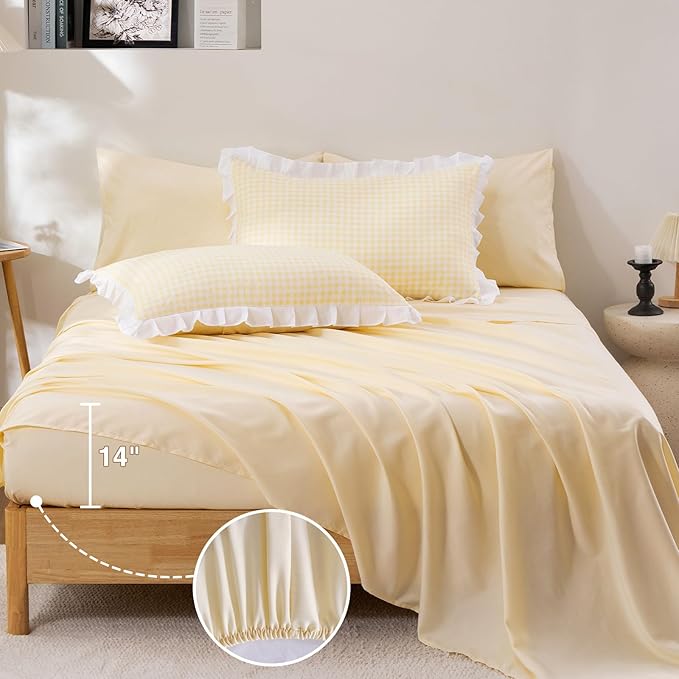 A Nice Night Comforter Twin Size,Yellow Ruffle Comforter for Dorm Room Essentials for Twin Bed,Plaid Checkered Chic Bedding Bed in a Bag for Girls