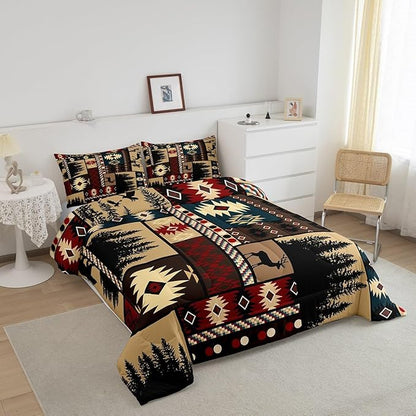 Feelyou Boho Comforter Set Toddler Size Rustic Comforter for Boys Girls Teens Cabin Bedding Set Vinatge Duvet Set Room Decor Brown Quilt Set