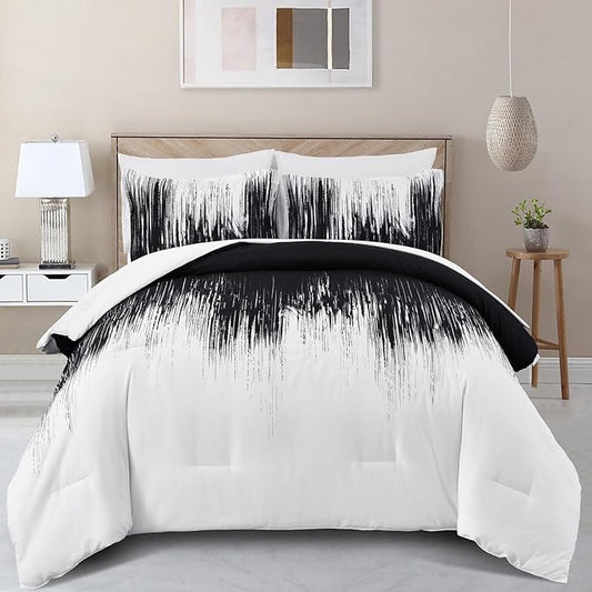 Dinjoy Ombre Black Comforter Set Queen Size Gradient Black White Boho Bedding Set for Teen Men Women 7 Pieces Bed in A Bag Bohemian Bed Set with Comforter, Sheets, Pillowcases & Shams