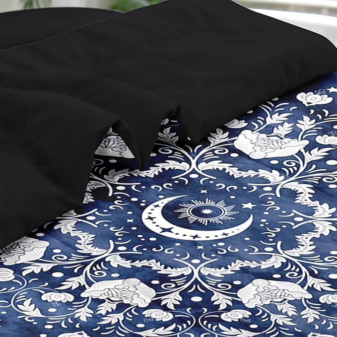 Comforter Set Twin Size, Astrology Sun Moon 5 Pcs Bedding for Kids and Adults, Blue Starry Flower Bed Sheet Sets with Fitted Sheet Pillowcase & Sham for Bedroom Bed Decor