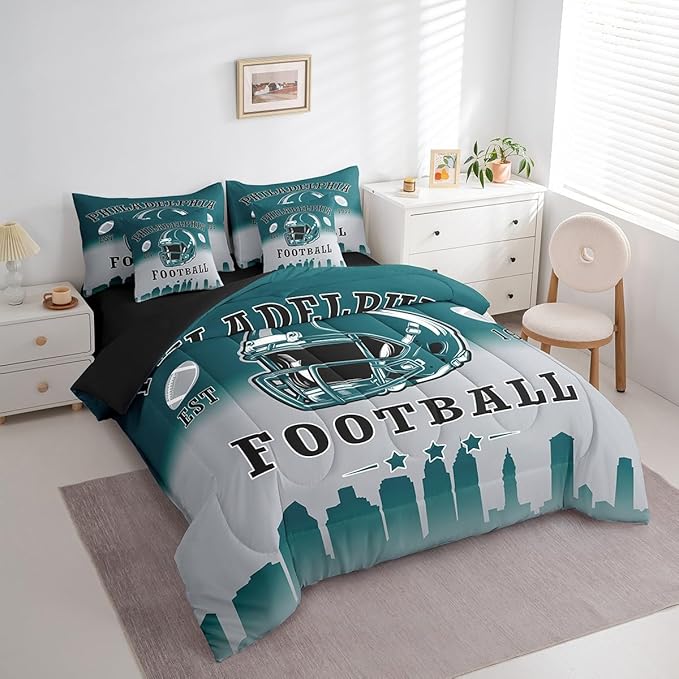 Erosebridal Football Comforter Set with Sheets American Soccer City King 7 Pcs Bedding Set for Kids Teen Adults,Rugby Sports Green Grey Bed in A Bag Sports Competitive Games Bed Set