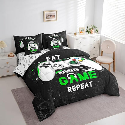jejeloiu Eat Sleep Game 7 Piece Bedding Set King Size Cartoon Gamer Comforter Set with Sheets for Kids Boys Girls Modern Game Bed in a Bag Black Green Bed Set