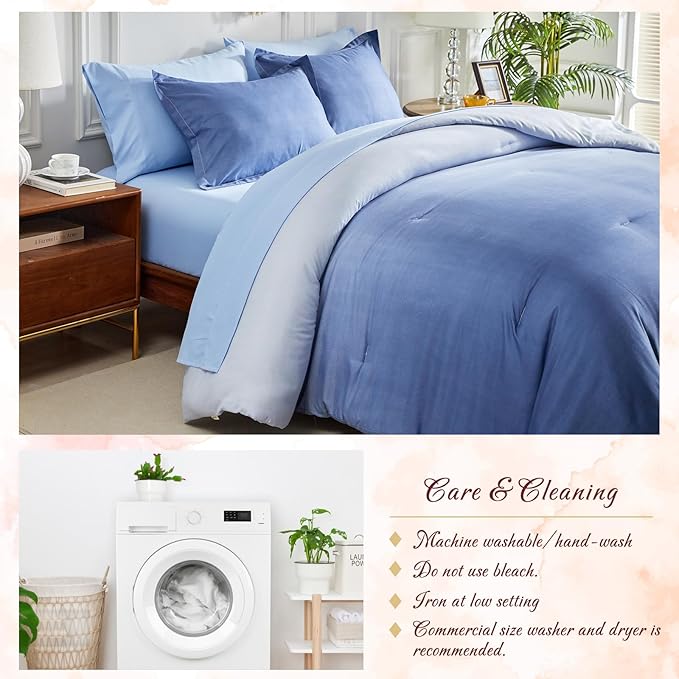 Navy and Light Blue Gradient Comforter Set Queen Size 7 Pieces Elegant Ombre Bed in a Bag - Reversible All Season Bedding Set with Comforter, Flat Sheet, Fitted Sheet, 2 Pillowcases & 2 Pillow Shams