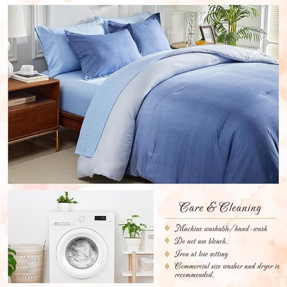 Navy and Light Blue Gradient Comforter Set Queen Size 7 Pieces Elegant Ombre Bed in a Bag - Reversible All Season Bedding Set with Comforter, Flat Sheet, Fitted Sheet, 2 Pillowcases & 2 Pillow Shams