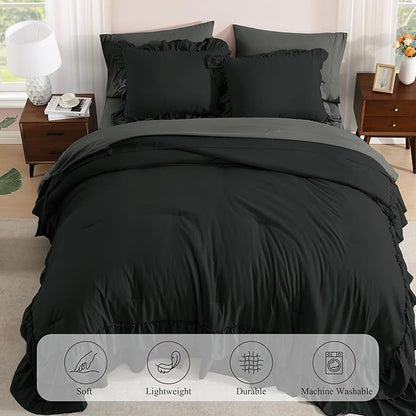 Queen Comforter Set Black, Ruffle Shabby Chic Bedding Set Farmhouse 7 Pieces, All Season Fluffy Bed in a Bag with Sheets, Pillowcases & Shams