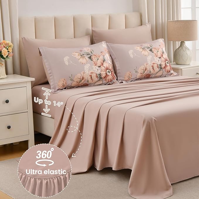 Queen Comforter Set - 7 Pieces Bed in a Bag Khaki Floral Queen Comforter Set with Sheets, Soft Microfiber Flower Complete Bedding Set for All Seasons（Khaki,90"x90"）
