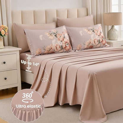Queen Comforter Set - 7 Pieces Bed in a Bag Khaki Floral Queen Comforter Set with Sheets, Soft Microfiber Flower Complete Bedding Set for All Seasons（Khaki,90"x90"）