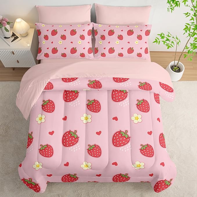 Cute Strawberry Full Comforter Set,Light Cute Pink Strawberry Bedding Set 7 Piece in A Bag,Bed Sheet Set Cute Strawberries and Flowers Decor,Microfiber Lightweight All Season