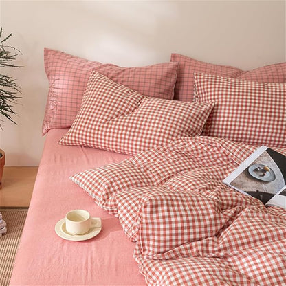 mixinni Orange Gingham Comforter Set Twin XL, Plaid Comforter Set 3 Pieces 1 Orange Grid Comfoter with 2 Pillow Cases for All Seasons, Soft Fluffy Modern Grid Pattern Printed Bedding-Twin XL Size