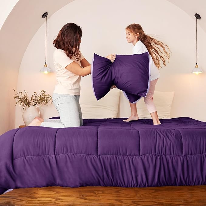 Exclusivo Mezcla Lightweight Reversible Full Queen Size Comforter Set, Down Alternative Comforter with 2 Pillow Sham, Full Queen Size Bedding Set for All Seasons, Deep Purple/Lilac