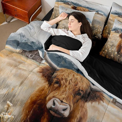 Erosebridal Brown Cow Print Queen Bedding Set - Western Highland Bull Bed in A Bag,Rustic Flowers Floral Decor Comforter Sets with Sheets, Farmhouse Country Style 7 Pieces Bed Set Bedroom Decor