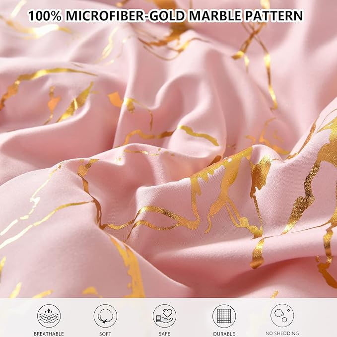 Yogeneg Gold Metallic Marble Comforter Set Queen Size,7 Piece Bed in a Bag,Foil Print Glitter Pink Comforter and Sheet Set,All Season Soft Microfiber Complete Bedding Sets(Pink,Queen)