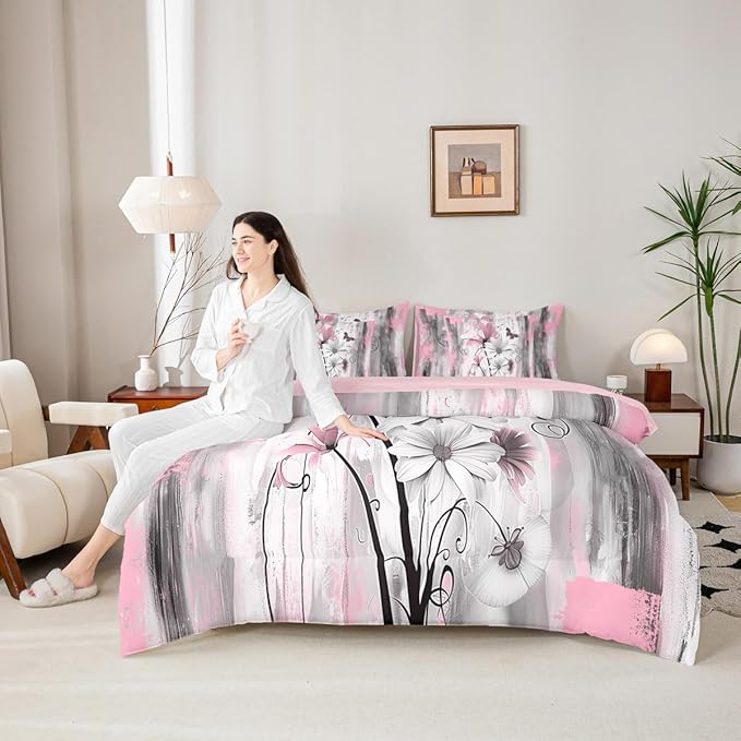 Feelyou Girls Daisy Flower Comforter Set with Sheets Twin Size 7 Pieces Kids Vintage Floral Butterfly Bedding Set for Boys Women Teens Pink Grey White Simple Modern Abstract Art Bed in a Bag