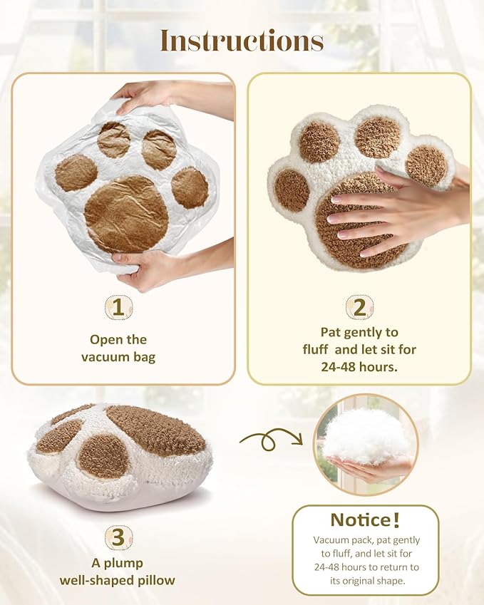 Paw Shaped Throw Pillow - Cute Decorative Plush Brown Animal Pillow for Couch, Sofa, or Living Room, 14.2" x 12.6" Soft Stuffed Dog Paw Cushion for Home Decor