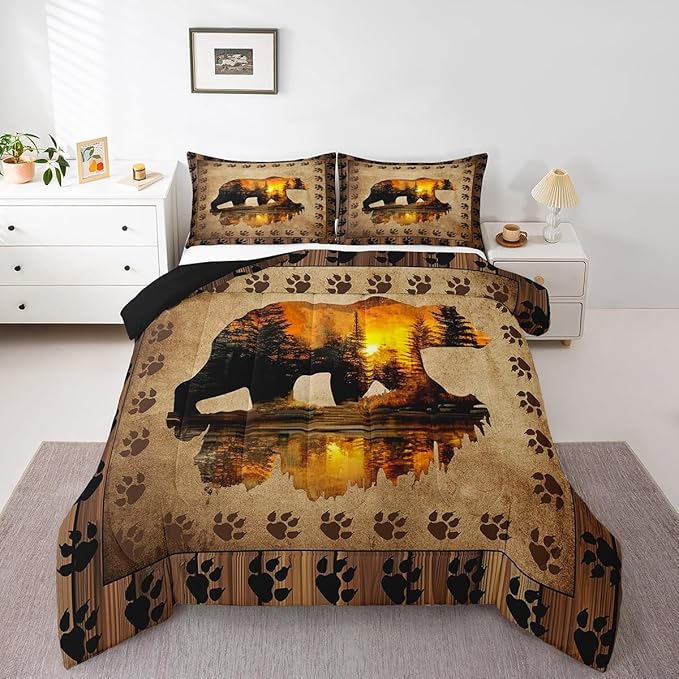 Feelyou Bear Comforter Set Queen Size Farmhouse Wild Animal Comforter Retro Rustic Woodland Bedding Set for Kids Boys Girls Brown Bear Paws Print Duvet Set Rustic Bedroom Decor Quilted Set 3Pcs