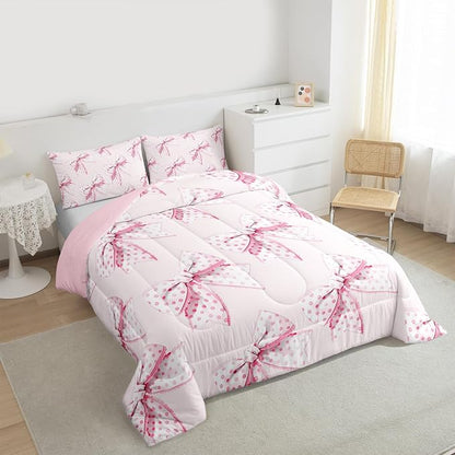 Erosebridal Girls Pink Bow Bedding Set Cute Dot Bowknot Comforter Set King Size for Kids Teen Women,Dreamy Princess Style Bedding Comforter Set Kawaii Cartoon Butterfly Knot Quilt 2 Pillow Cases