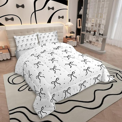 Erosebridal Black and White Bowknot Twin Size Comforter Set, Cartoon Bow Bedding Set for Kids Girls Women Bedroom, Dreamy Princess Down Comforter, Princess Galaxy Stars Quilt with 1 Pillow Case