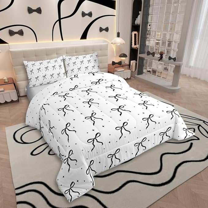 Erosebridal Black and White Bowknot King Size Comforter Set, Cartoon Bow Bedding Set for Kids Girls Women Bedroom, Dreamy Princess Down Comforter, Princess Galaxy Stars Quilt with 2 Pillow Cases